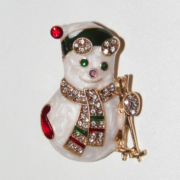 Gold Skiing Snowman Holiday Brooch - Picture 3 of 5